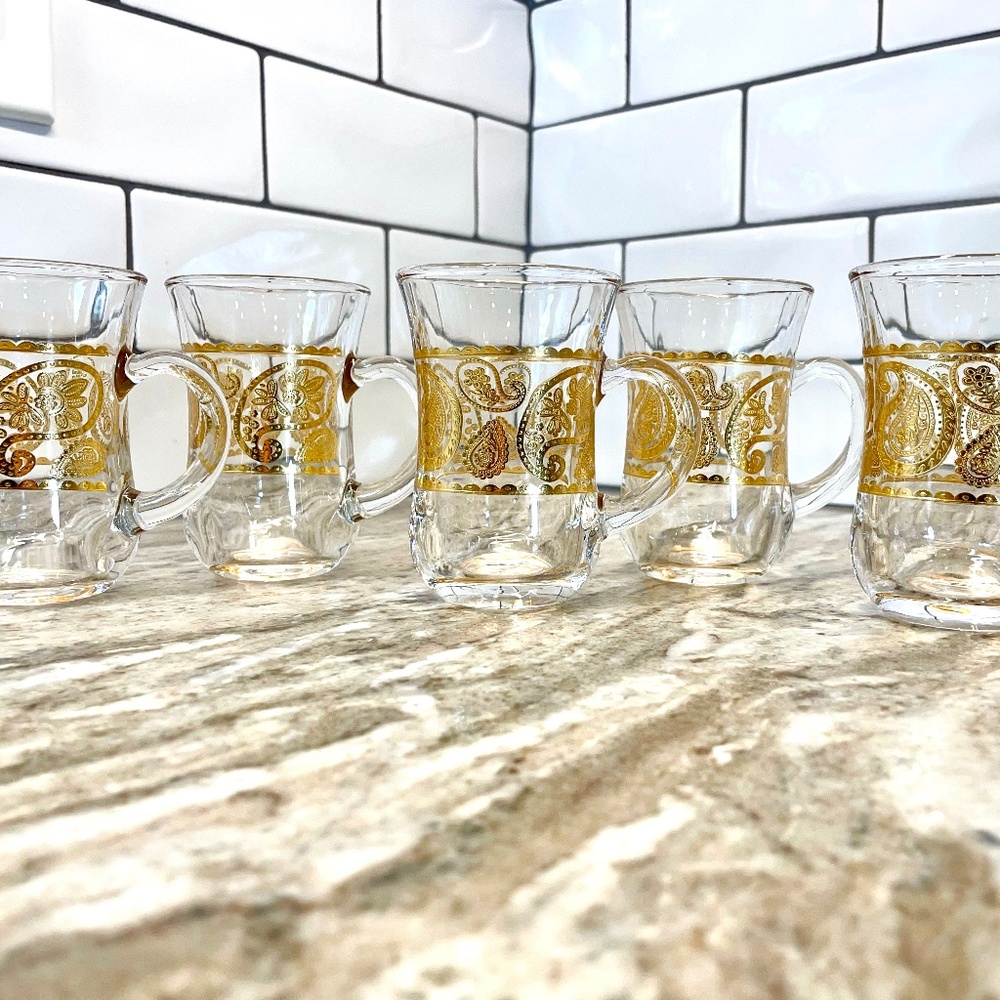 Vintage MCM Irish Coffee Hot Toddy Cocktail Clear Glass Mug Gold Paisley Set o 5